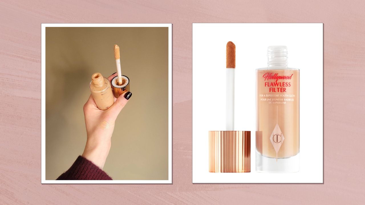 On the left, a close-up of Digital Beauty Writer, Naomi Jamieson&#039;s hand, seen holding the bottle and applicator of the Charlotte Tilbury Hollywood Flawless Filter and on the right, a product shot of Flawless Filter on a white background/ and features in a pink template