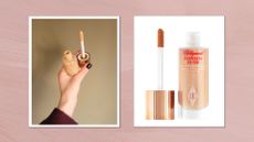 On the left, a close-up of Digital Beauty Writer, Naomi Jamieson's hand, seen holding the bottle and applicator of the Charlotte Tilbury Hollywood Flawless Filter and on the right, a product shot of Flawless Filter on a white background/ and features in a pink template