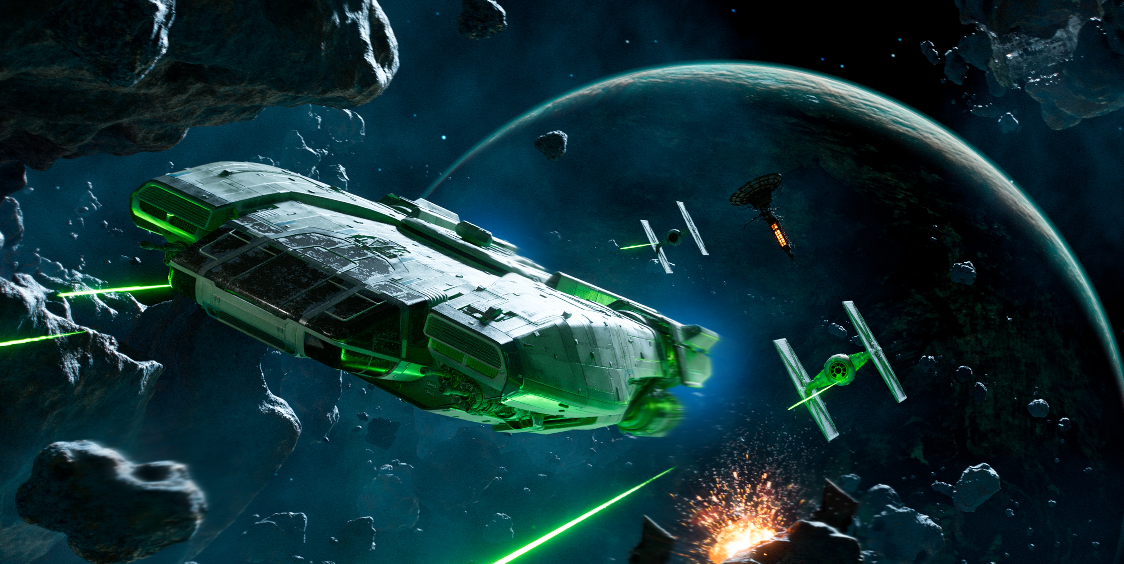 The Trailblazer starship is fired upon by a TIE Fighter in Star Wars Outlaws