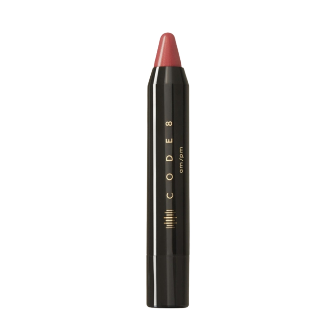 A product shot of Code 8&#039;s AM/PM Tinted Lip Balm, on a white background