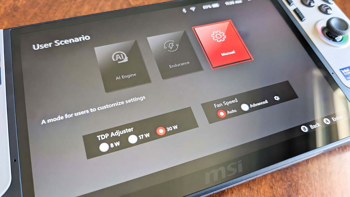 User Scenario menu on MSI Claw 8 AI+ with options to change TDP and fans.