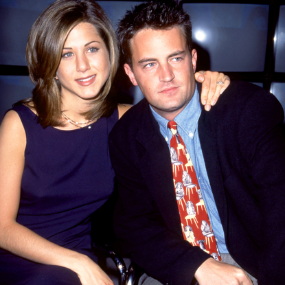 American actress and producer, Jennifer Aniston and Canadian-American actor, comedian and producer, Matthew Perry of the television comedy, Friend's, attend the 1995 NBC Fall Preview circa 1995 at the Lincoln Center in New York, New York.