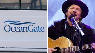 The Oceangate logo, next to Eddie Vedder of Pearl Jam performing in 2025