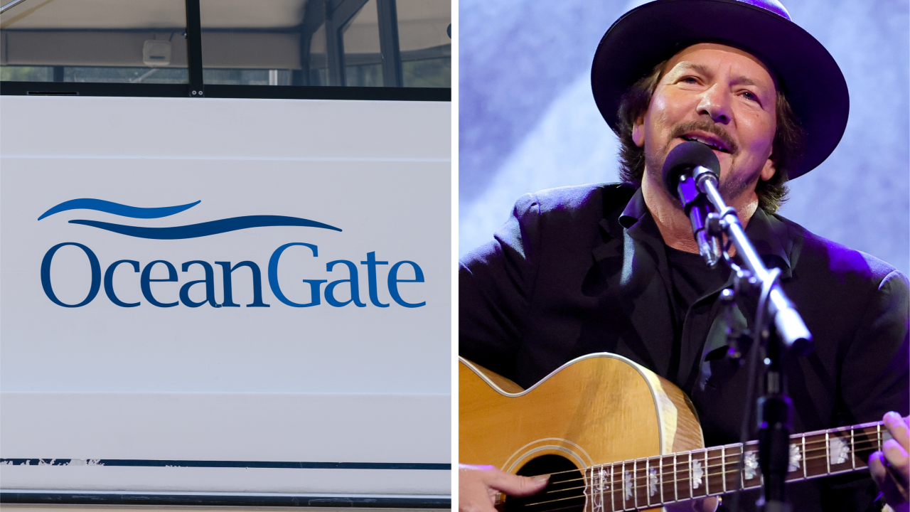 The Oceangate logo, next to Eddie Vedder of Pearl Jam performing in 2025