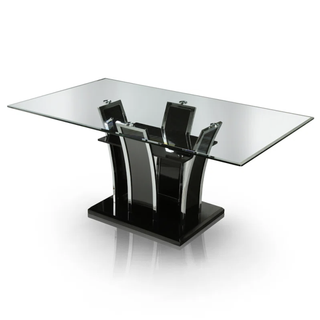 Contemporary sculptural dining table with glass table top from Wayfair.