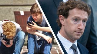 Two kids on their phones next to a photo of Mark Zuckerberg