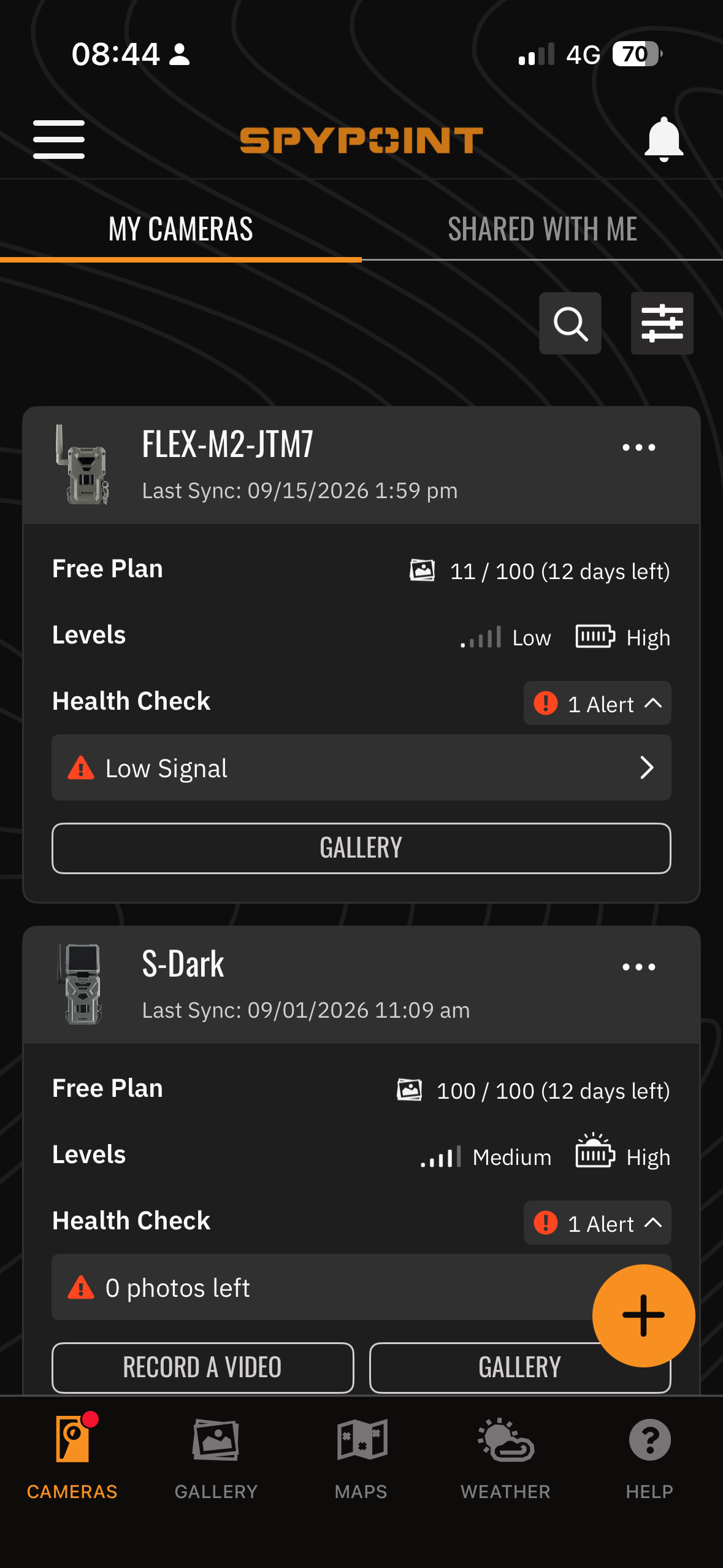 Screenshots from the Spypoint app