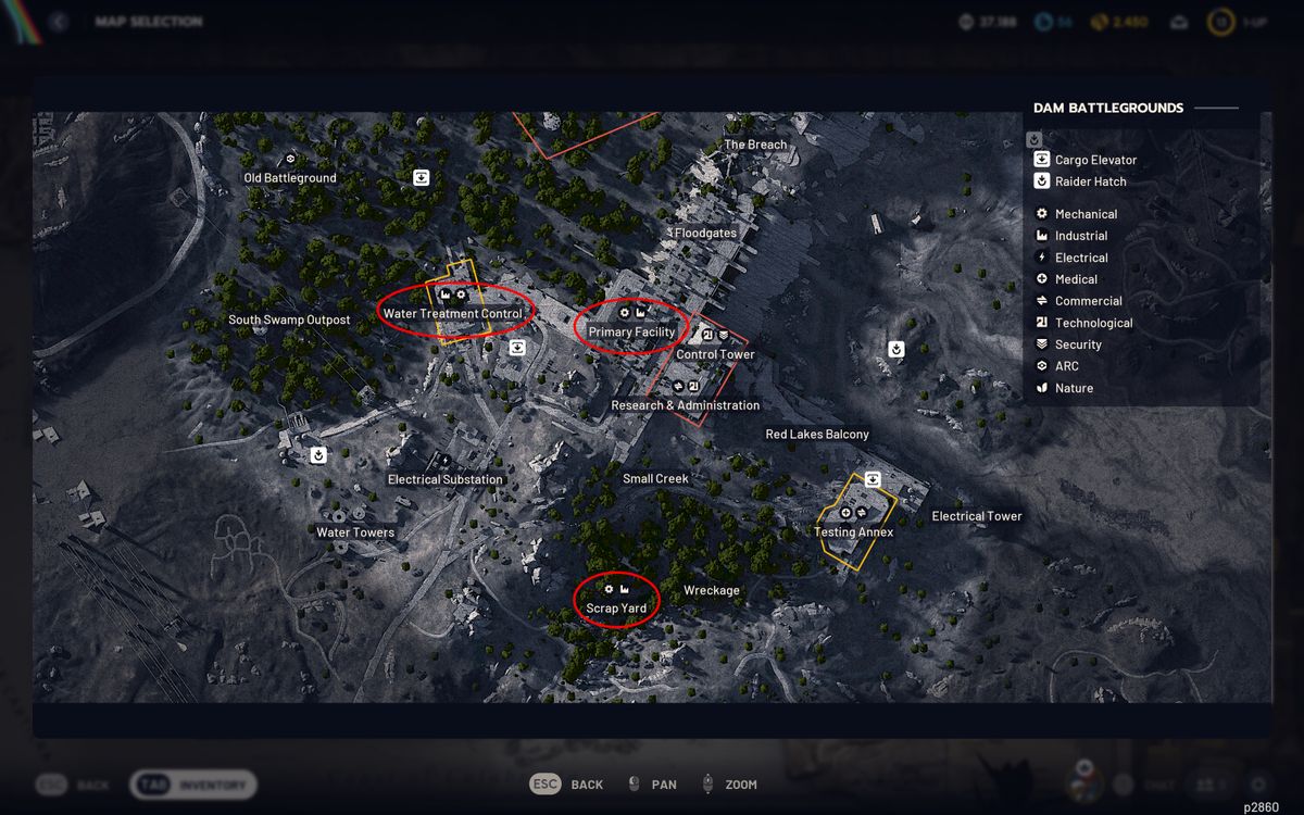 Arc Raiders Rusted Tool locations: A map of Dam Battlegrounds with three red ovals showing where to find Rusted Tools.