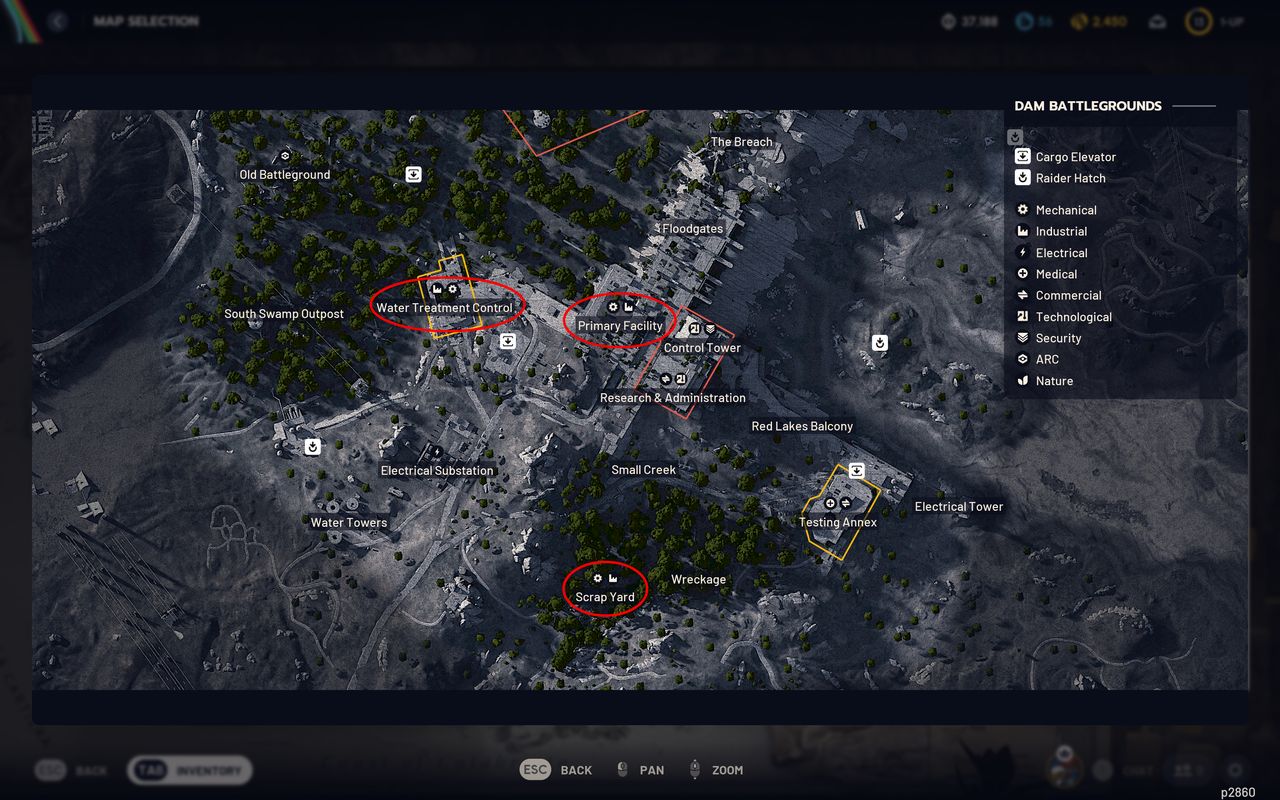 Arc Raiders Rusted Tool locations: A map of Dam Battlegrounds with three red ovals showing where to find Rusted Tools.