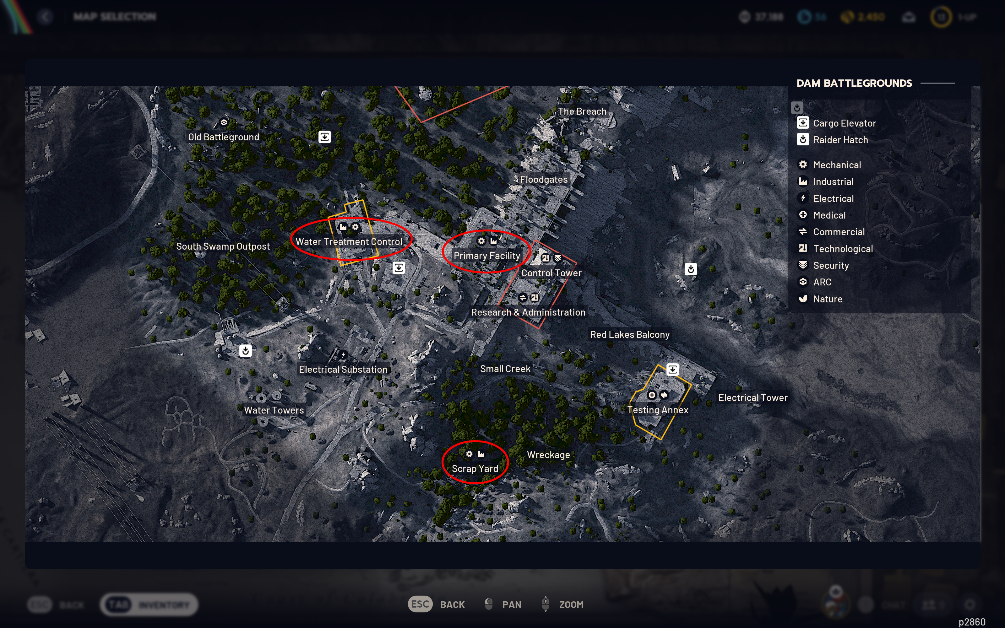 Arc Raiders Rusted Tool locations: A map of Dam Battlegrounds with three red ovals showing where to find Rusted Tools.