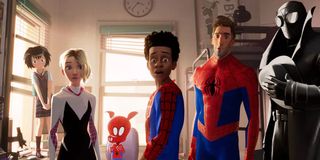 Spider-Man: Into the Spider-Verse Miles and the other Spider-Persons looking on in shock