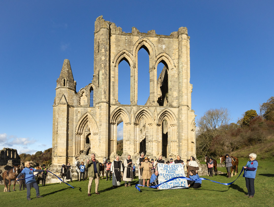 Peter Wright having cut the launch ribbon Rievaulx&amp;copy; Valerie Mather Saint Aelred Horse Trail Launch -29