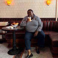 abi marvel in striped shirt