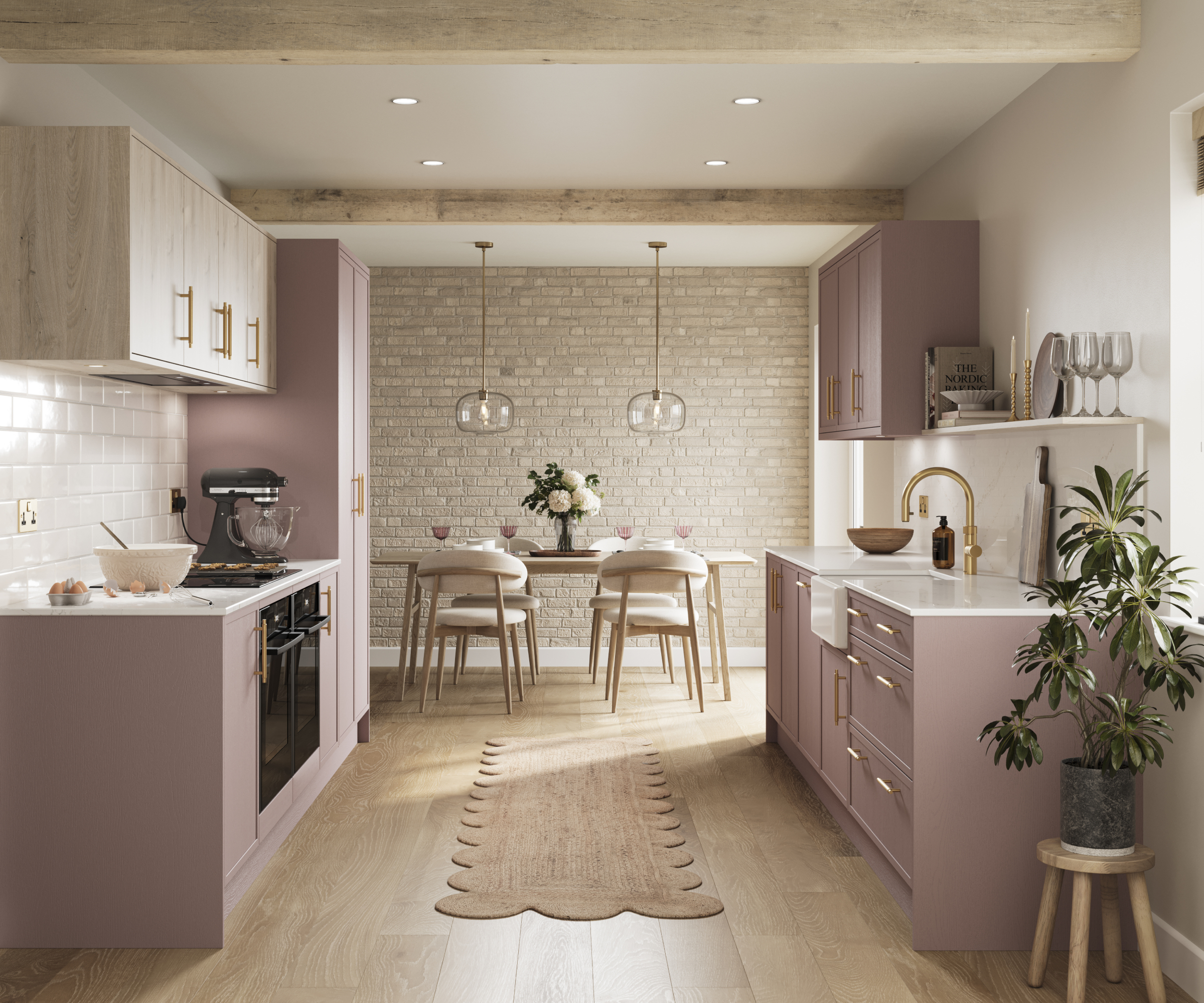 kitchen with pale pink units and light wooden floor