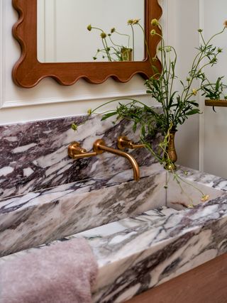 Marble countertop with gold hardware and a plant in the corner