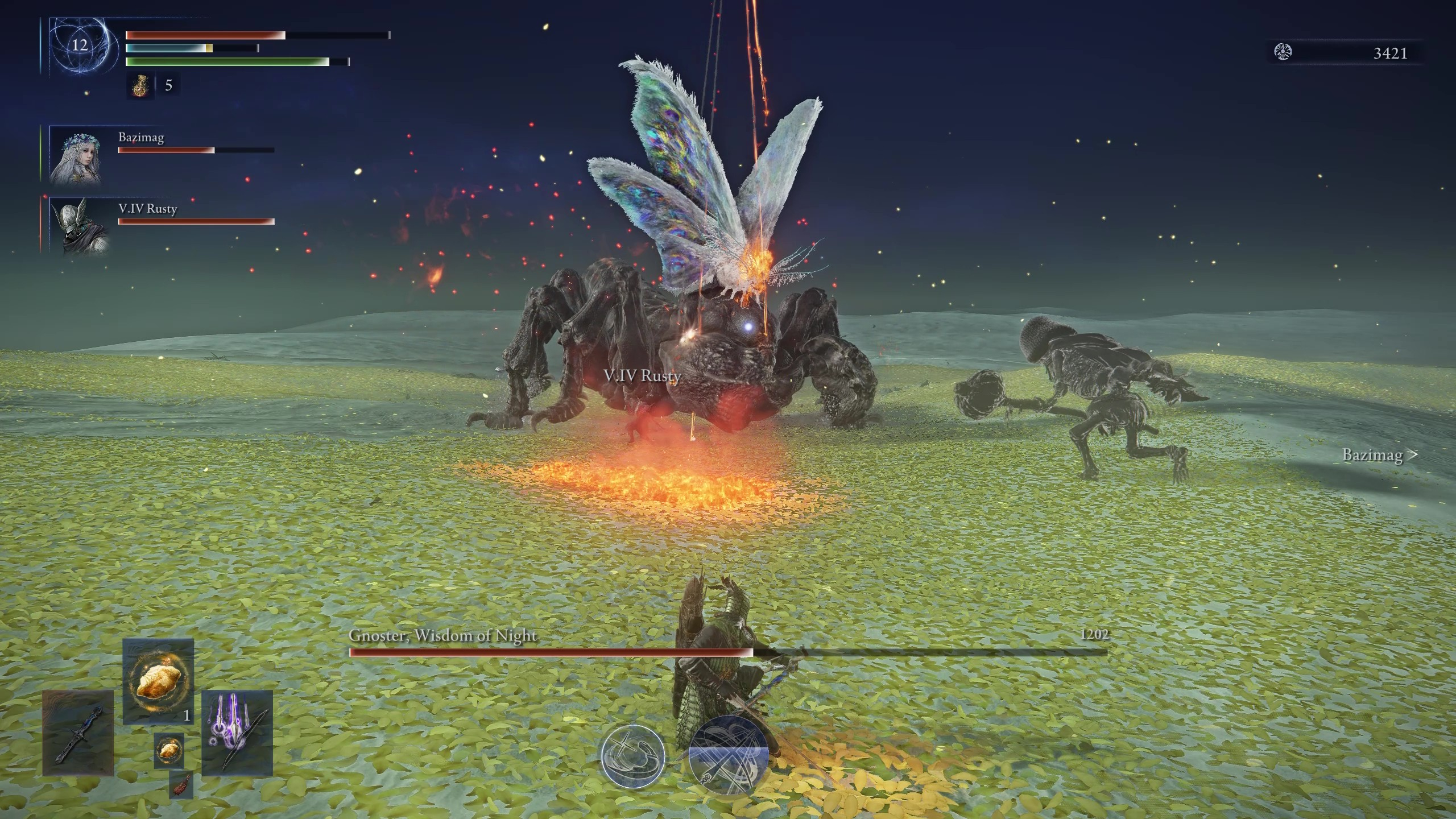 Elden Ring Nightreign Sentient Pest guide: Gnoster being attacked by a barrage of flaming arrows from above.