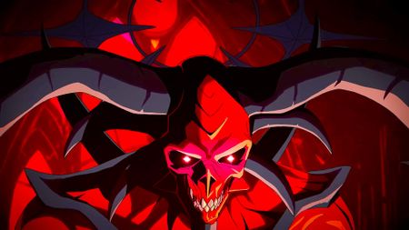 A screencap of Korn's animated music video for Reward The Scars. Diablo 4: Lord of Hatred's demon lord Mephisto has a grin on his skeletal, demonic face and is bathed in red light.