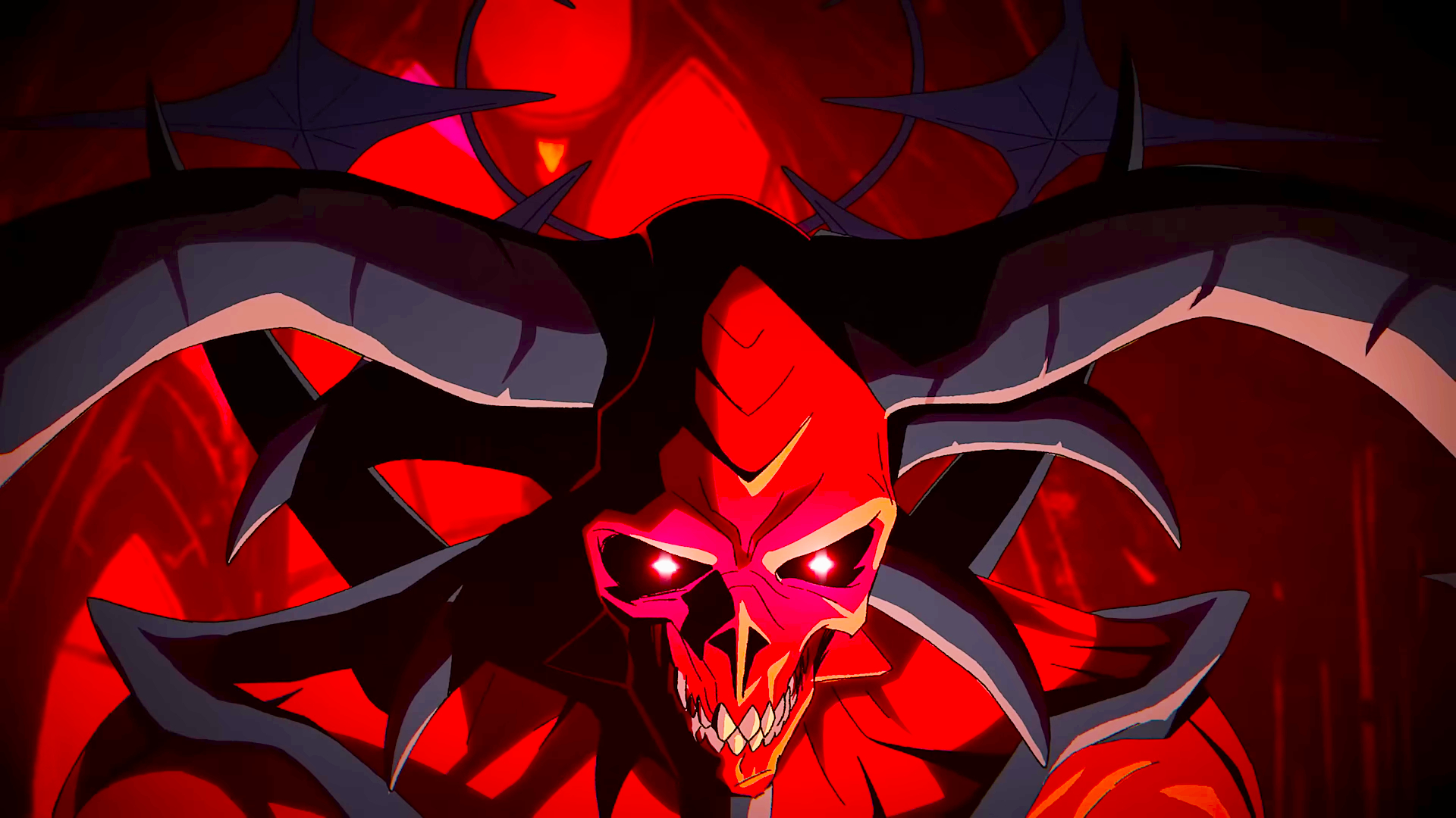 A screencap of Korn's animated music video for Reward The Scars. Diablo 4: Lord of Hatred's demon lord Mephisto has a grin on his skeletal, demonic face and is bathed in red light.