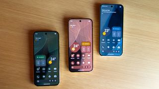 The themed home screens of each color Google Pixel 11 Pro (green, blue, pink)