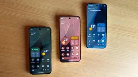 The themed home screens of each color Google Pixel 11 Pro (green, blue, pink)