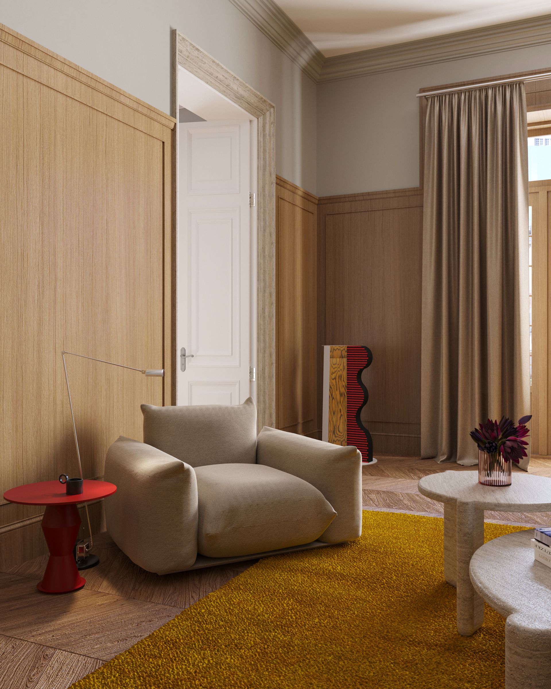 A living room with a plump chair