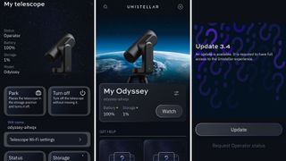 Screen shots of the Unistellar Odyssey telescope app