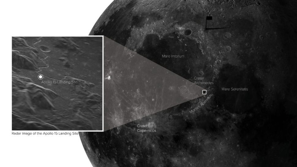 New radar image of the Apollo 15 landing site, located with respect to prominent lunar features