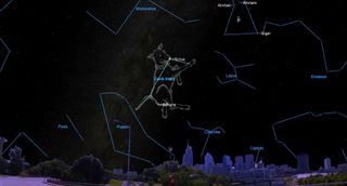 a transparent dog hovers in the night sky above a modest city skyline. blue lines trace labeled stars in the sky to highlight constellations.