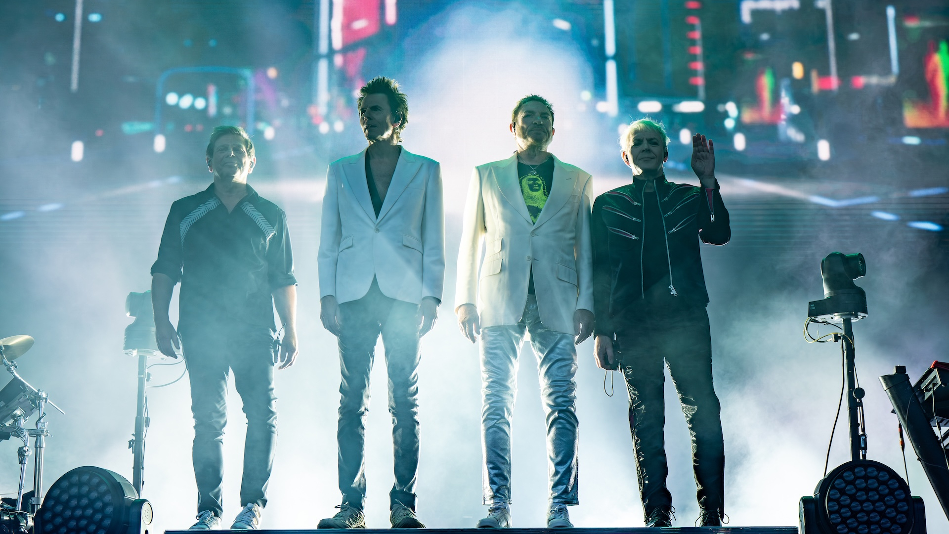 L-R Roger Taylor, John Taylor, Simon Le Bon and Nick Rhodes AKA the band Duran Duran arrive on stage at the opening of their set at Chelmsford City Live Music Festival. Chelmsford City Live a new music festival at Chelmsford City Racecourse in Essex on Saturday (night 2 of the festival) with Headliners Duran Duran