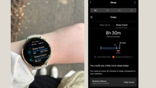 Ciara McGinley wearing Garmin Venu 3S device on wrist with sleep score screenshot in app