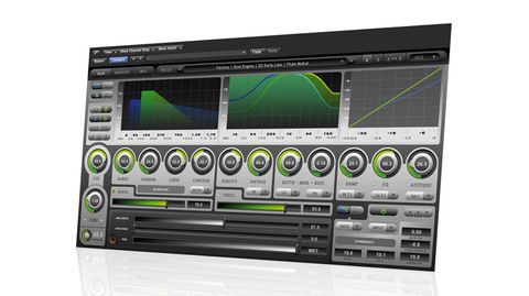The three main graphical displays show reverb time, the effects of the damping and EQ controls