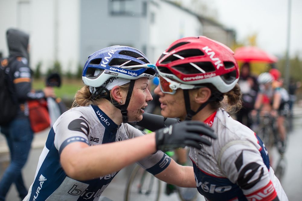 Lotta Lepist&ouml; (FIN) of Cerv&eacute;lo-Bigla Cycling Team thanks her team-mate, Ashleigh Moolmann-Pasio (RSA) all the hard work after winning the first, 106.9km road race stage of Elsy Jacobs