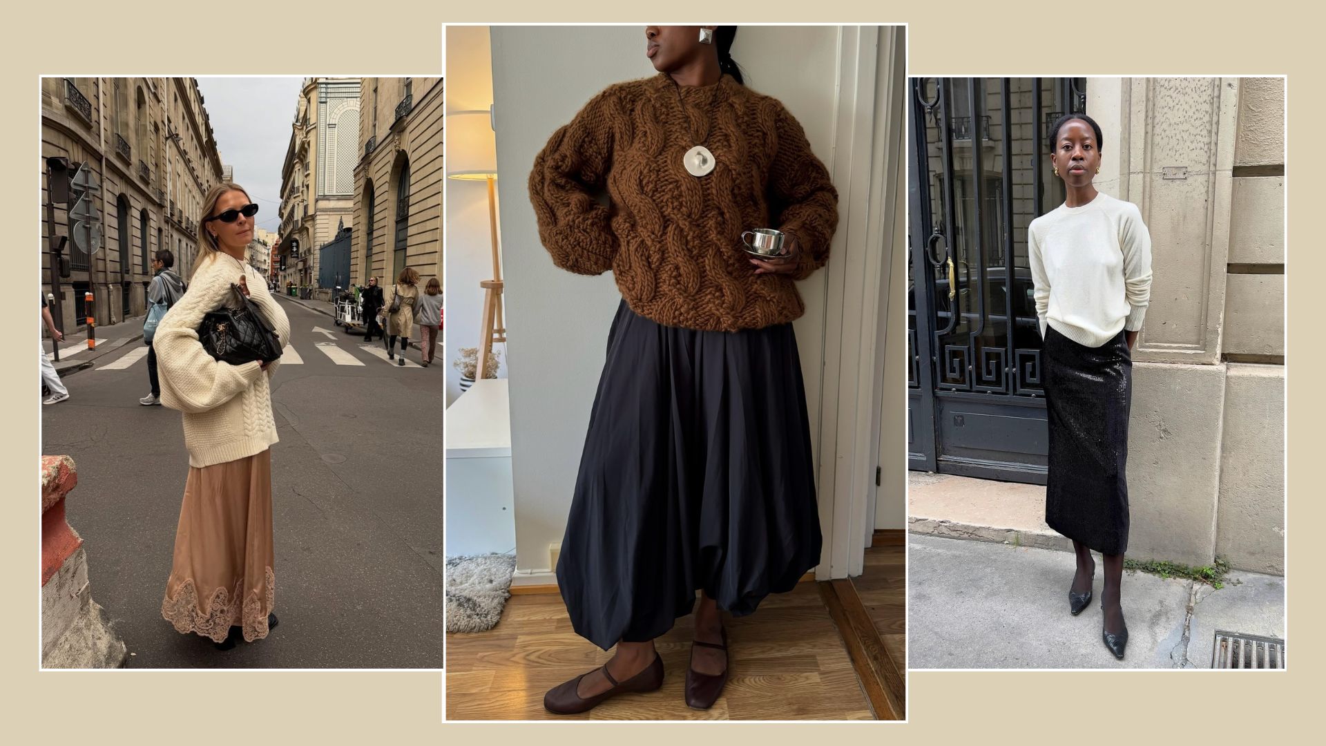 Three women wear crew neck jumpers