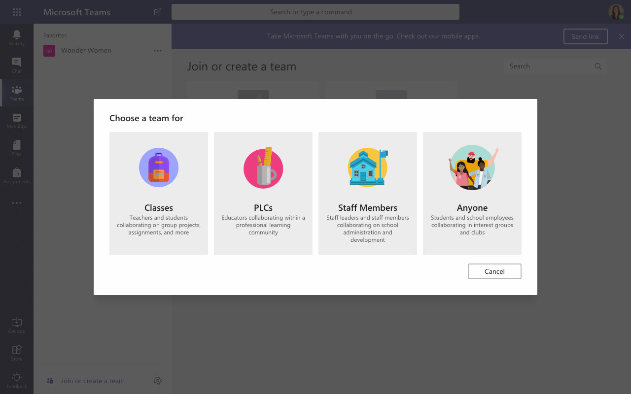 Microsoft Teams screenshot: Choosing a team