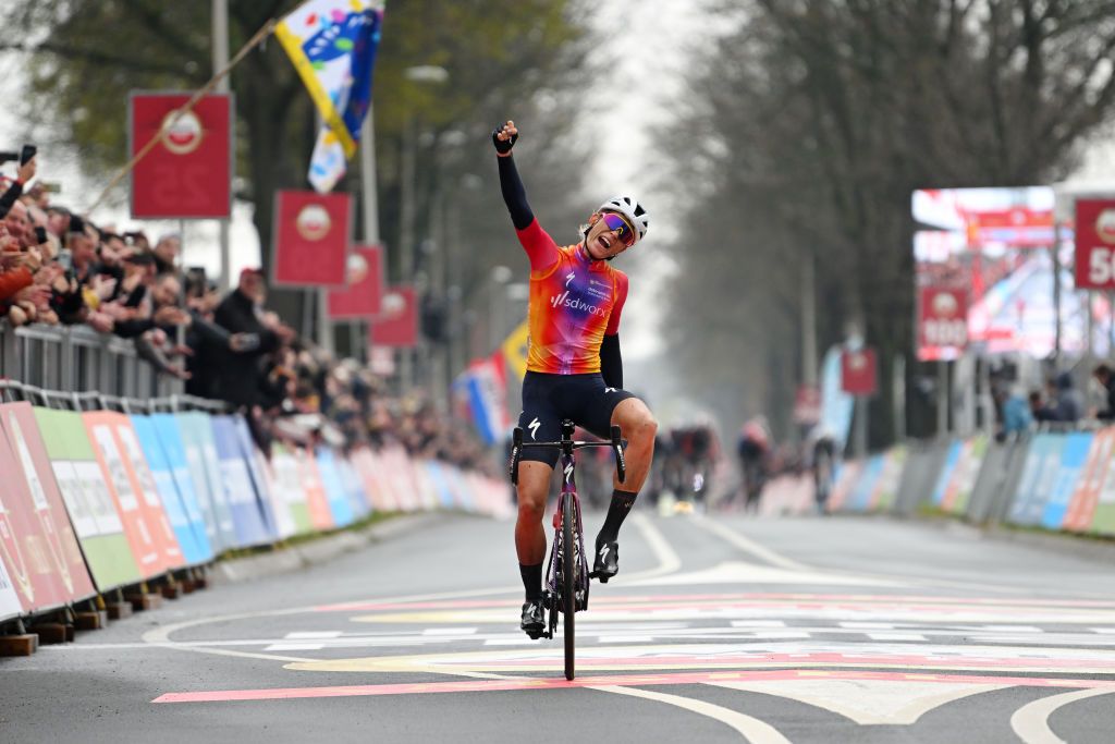 Demi Vollering (SD Worx) celebrates a solo victory at the 2023 Amstel Gold Race Ladies edition