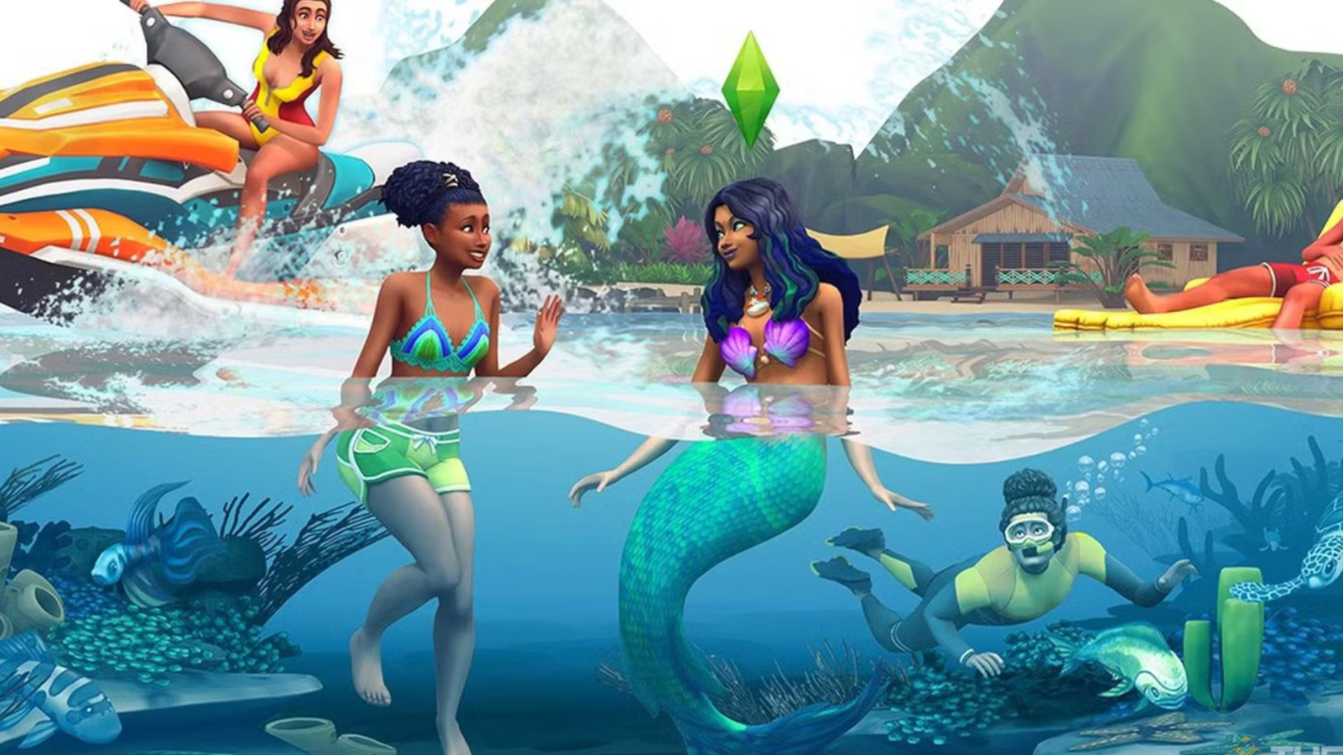 A screenshot of the Sims 4 occult, a mermaid, during promo for the Island Living expansion pack.