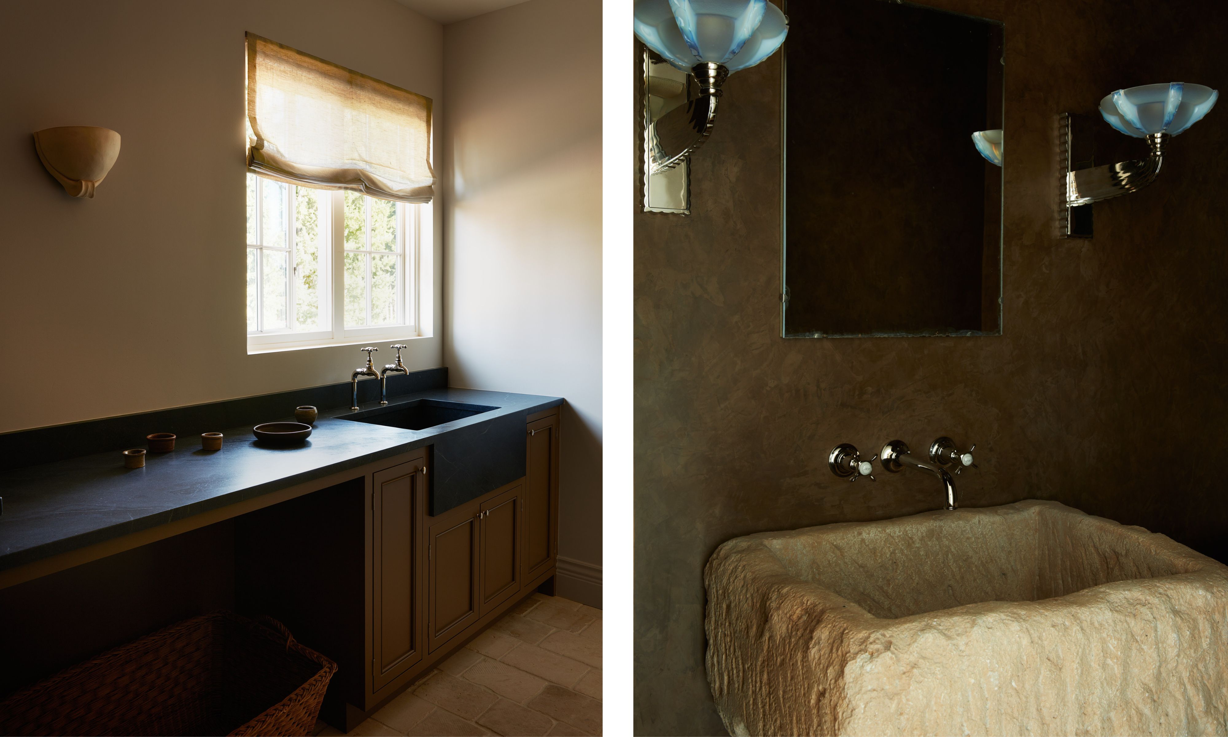 two shots next to each other. On the left, a minimalist utility room with black counter and brass taps. On the right, a close up of a stone sink in a powder room