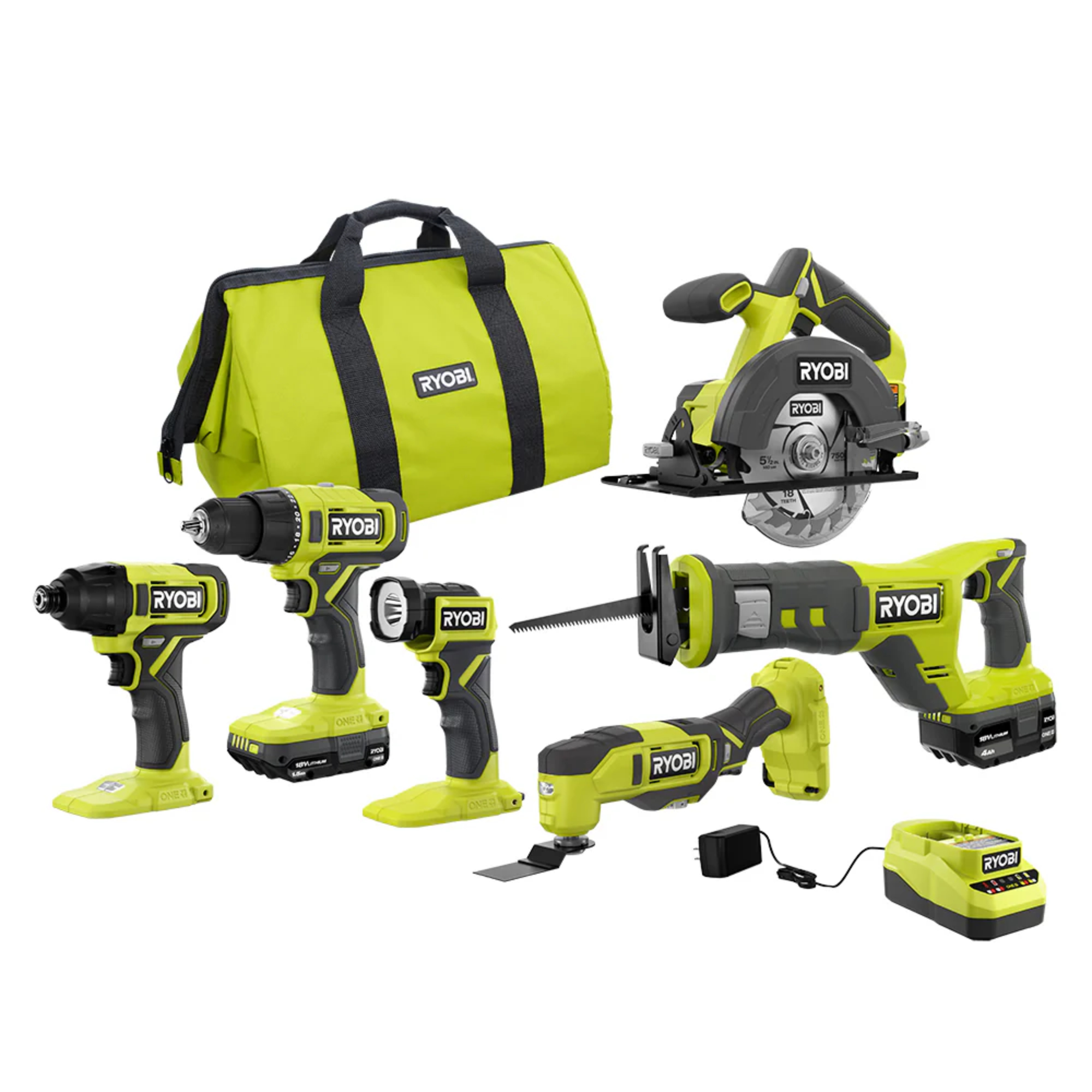 RYOBIONE+ 18V Cordless 6-Tool Combo Kit with 1.5 Ah Battery, 4.0 Ah Battery, and Charger