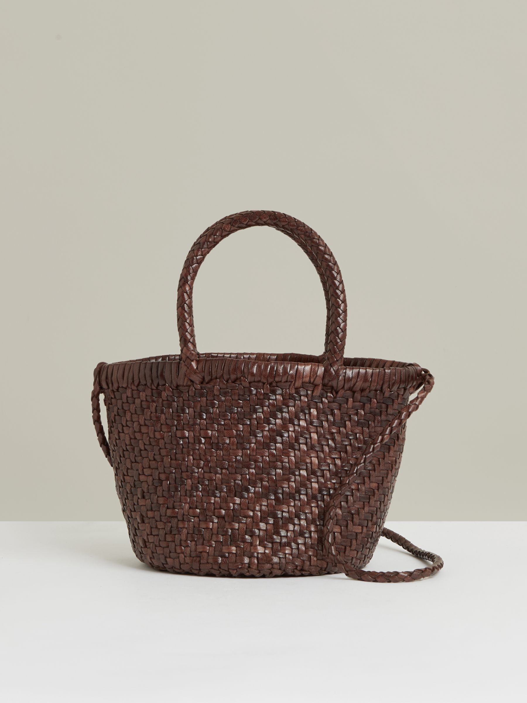 Leather Woven Mini Tote Bag in Chocolate