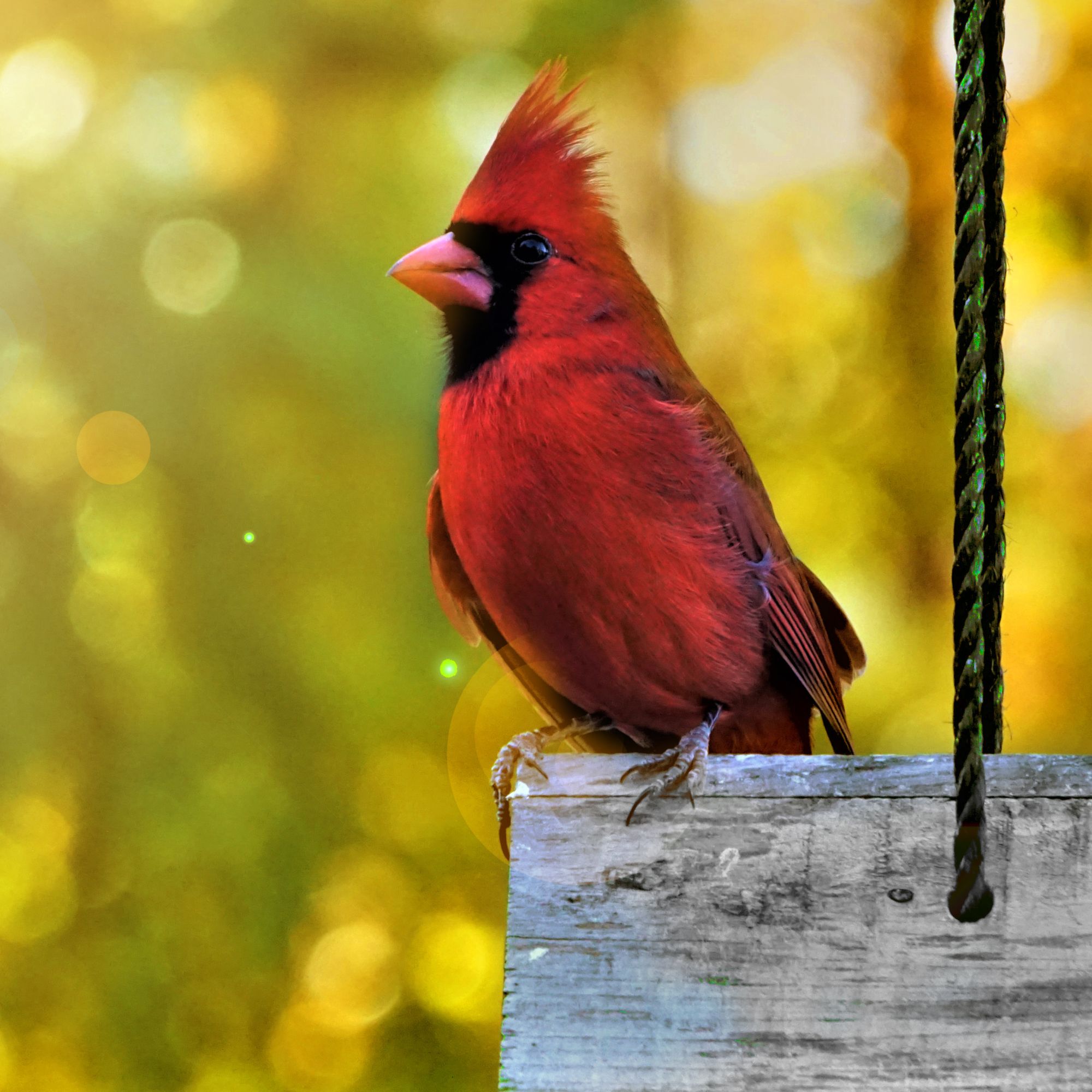 A single male cardinal bird perching on the roof of wooden feeder enjoy watching and relaxing on the morning light flare background, Autumn in GA USA.