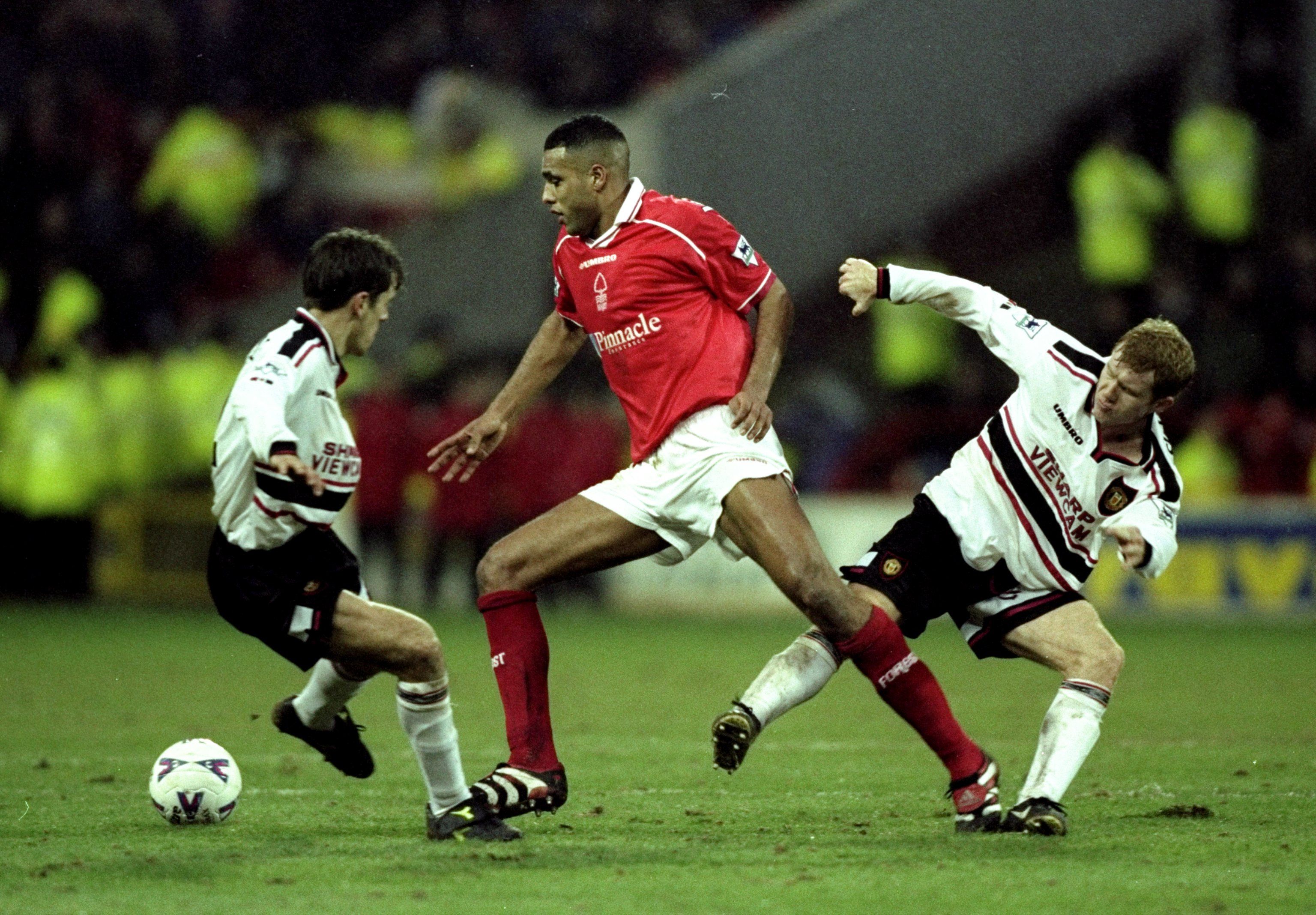 Nottingham Forest's Pierre va Hooijdonk in action against Manchester United in 1999.