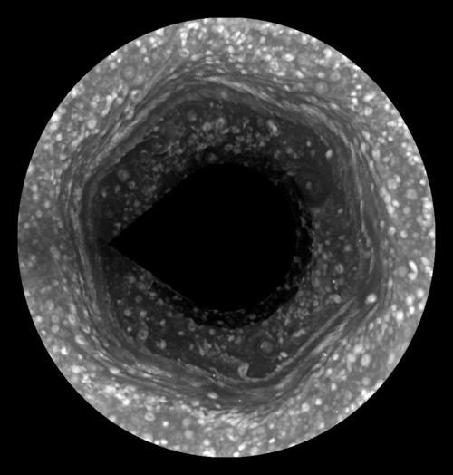 Saturn’s giant hexagon circling the planet’s North Pole has never been seen on any other planet. Each side is 7,500 miles across allowing nearly four Earths to fit inside