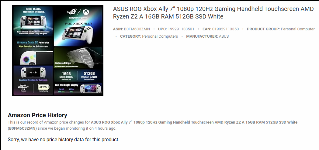 Screenshot of scrapped data from Amazon's brief listing for the ASUS ROG Xbox Ally.