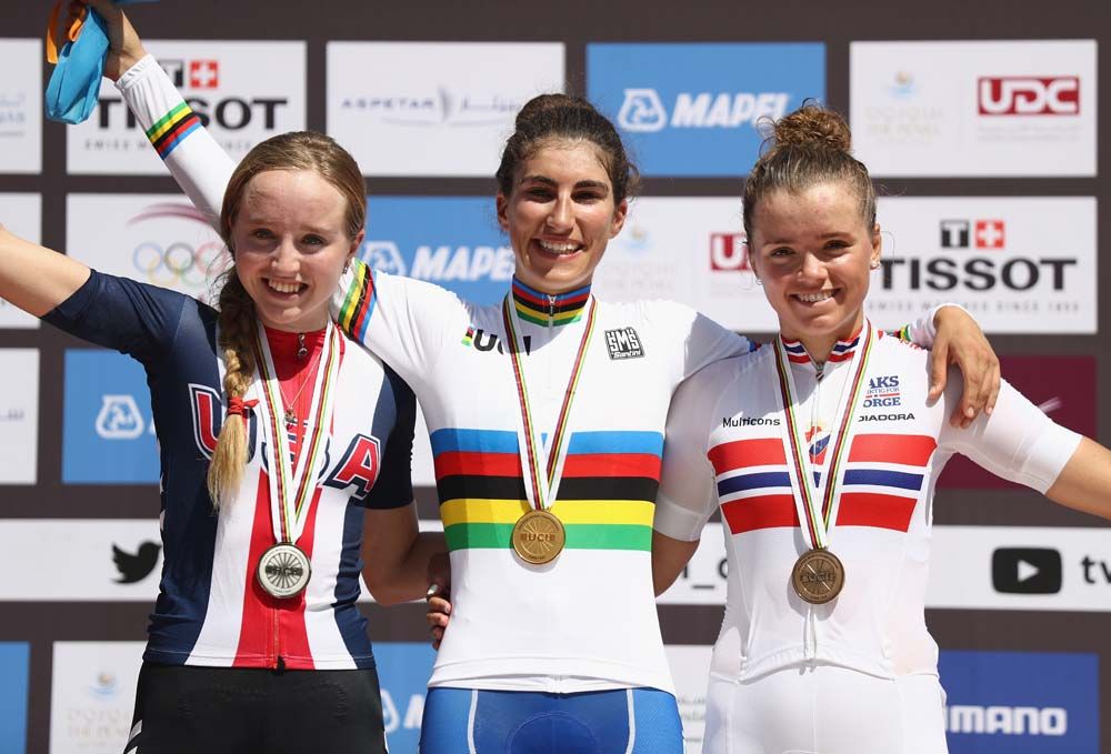The junior women podium: Skyar Schneider (USA), Elisa Balsamo (Italy) and Susanne Andersen (Norway)