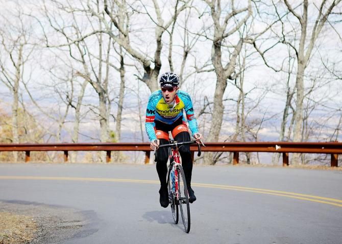 Adam Myerson ascends Pilot Mountain during the Team SmartStop p/b Mountain Khakis pre-season camp.