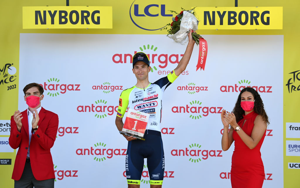 NYBORG DENMARK JULY 02 Sven Erik Bystrom of Norway and Team Intermarch Wanty Gobert Matriaux celebrates at podium as Most Combative Rider prize winner during the 109th Tour de France 2022 Stage 2 a 2022km stage from Roskilde to Nyborg TDF2022 WorldTour on July 02 2022 in Nyborg Denmark Photo by Stuart FranklinGetty Images
