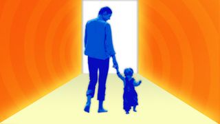 Orange and blue artwork of woman walking a child