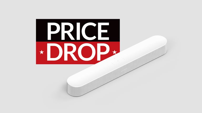 Sonos Beam 2nd Gen on grey background with sign saying Price Drop