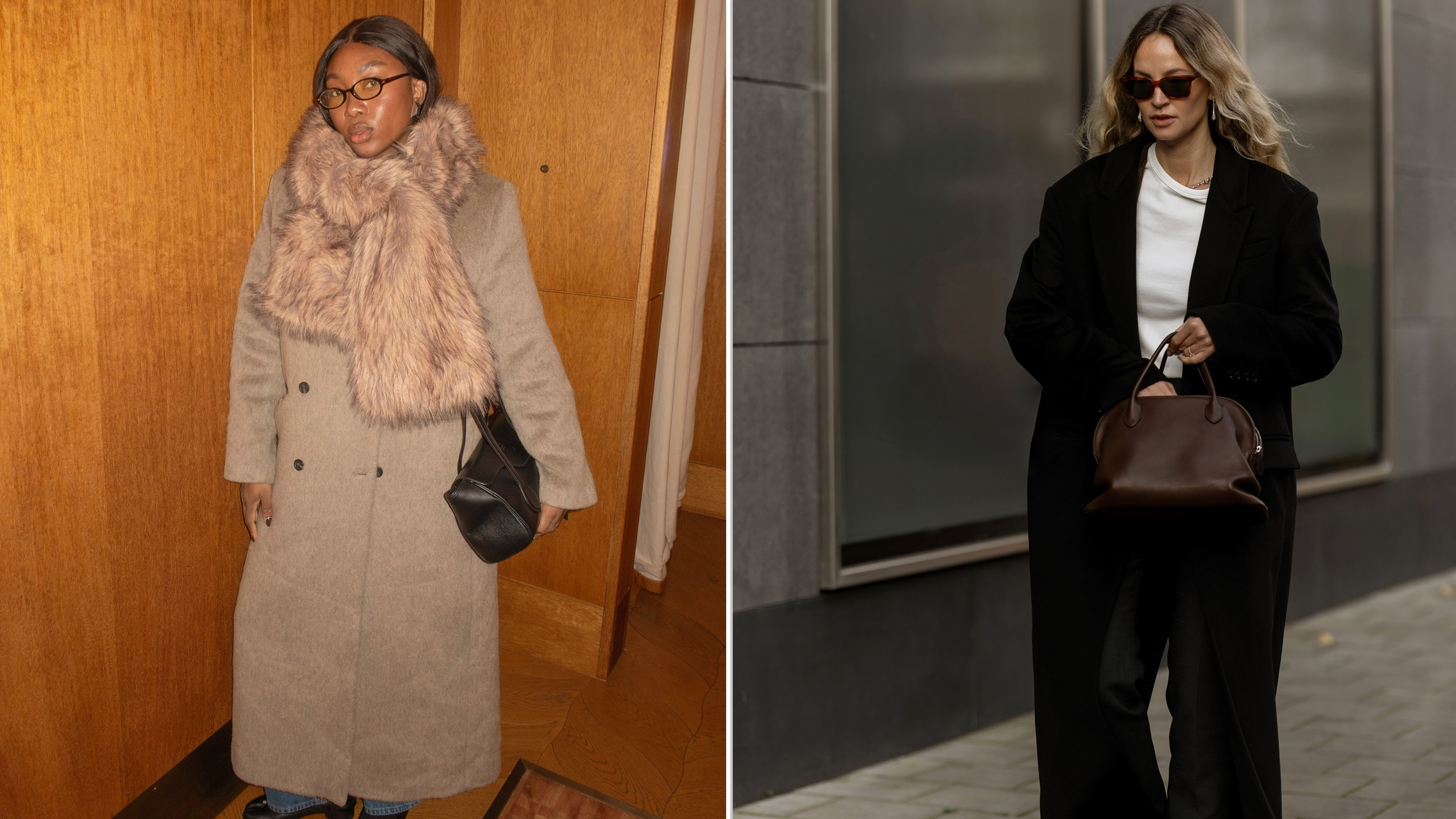 One woman wears a fur scarf, beige wool coat, and another wears a black coat, white t-shirt, and brown leather bag.