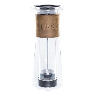 Ethoz Flask French Press Portable coffee maker cut out glass with leather strap that says Flask 